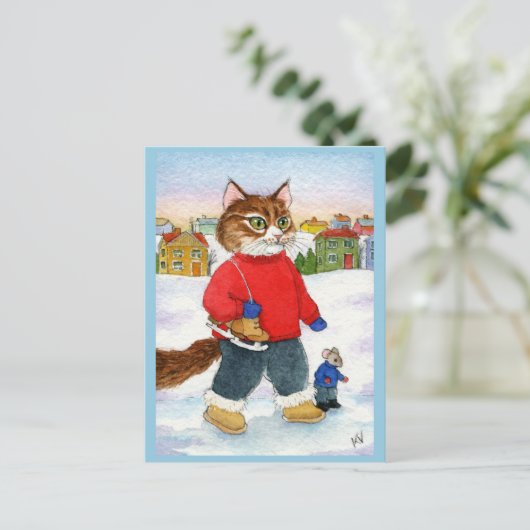 かわいいネコのスケーター冬の自然はがき ポストカード (スタンド正面)
