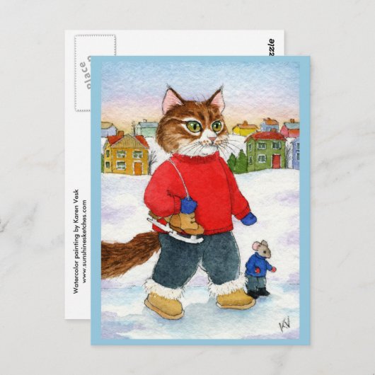 かわいいネコのスケーター冬の自然はがき ポストカード (正面/裏面)