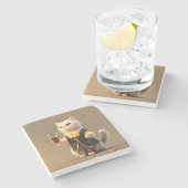 かわいいネコの執事、ユーモアたっぷりの執事子猫 ストーンコースター (横)