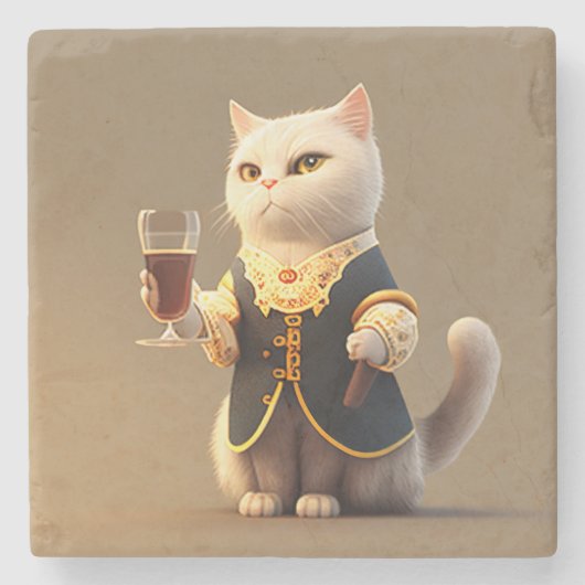 かわいいネコの執事、ユーモアたっぷりの執事子猫 ストーンコースター (正面)