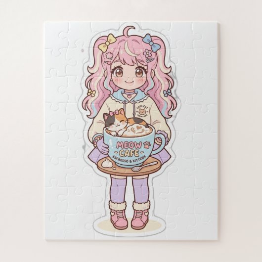かわいいネコカフェ アニメガール ちびキャラ ジグソーパズル (縦)