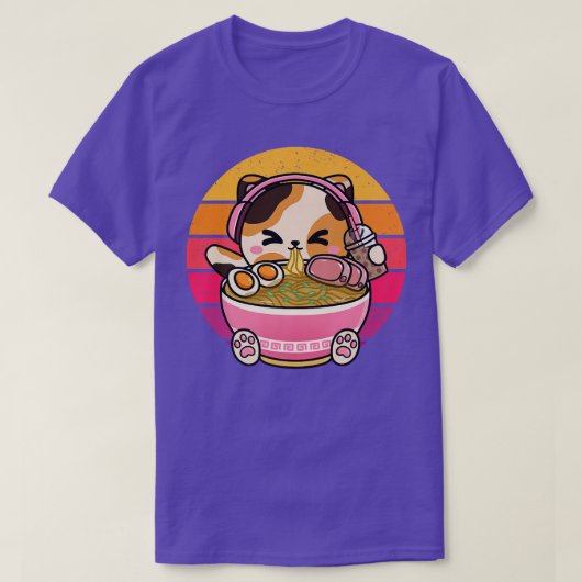 かわいいネコ食べーのラーメンヘッドホン棒茶 Tシャツ (デザイン正面)