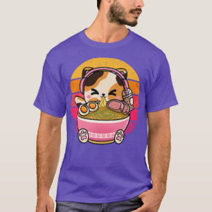 かわいいネコ食べーのラーメンヘッドホン棒茶 Tシャツ