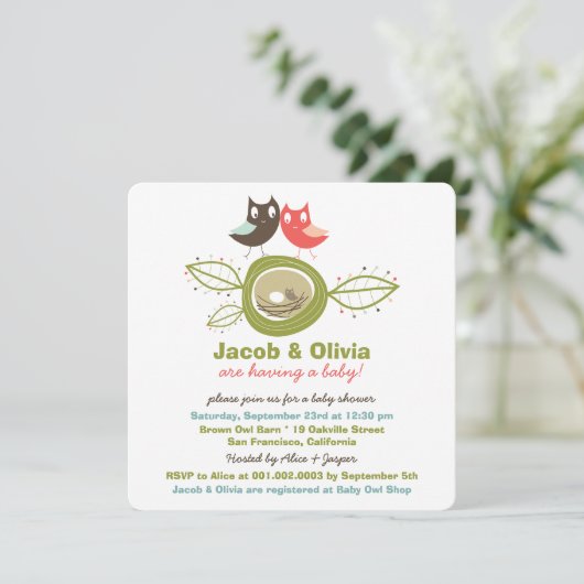 かわいいネスティングフクロウ家族のベビーシャワーの招待状 招待状 (スタンド正面)