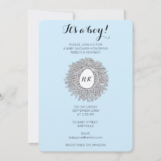 かわいいネストモノグラム男の赤ちゃんベビーシャワー 招待状 (正面)