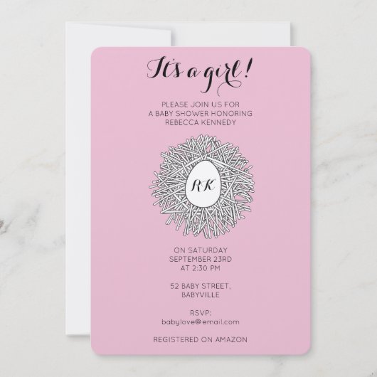 かわいいネストモノグラム赤ちゃん女の子の赤ちゃんシャワー 招待状 (正面)