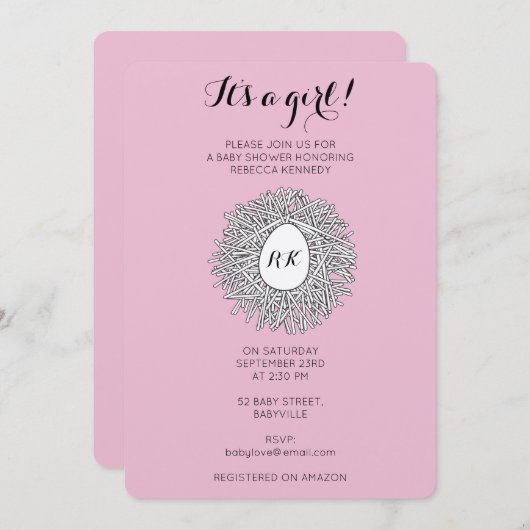 かわいいネストモノグラム赤ちゃん女の子の赤ちゃんシャワー 招待状 (正面/裏面)