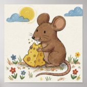 かわいいネズミがチーズを食べるクレヨン画の子供 ポスター (正面)