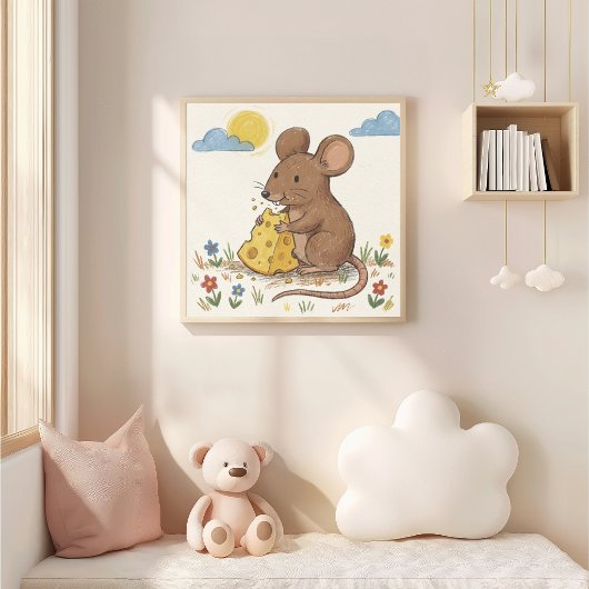 かわいいネズミがチーズを食べるクレヨン画の子供 ポスター