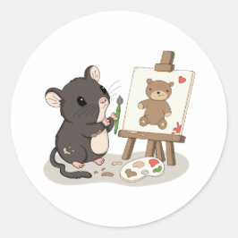 かわいいネズミがテディベアを描くアーティストステッカー ラウンドシール