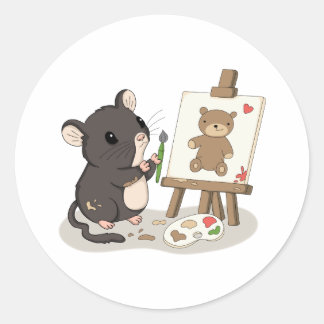かわいいネズミがテディベアを描くアーティストステッカー ラウンドシール