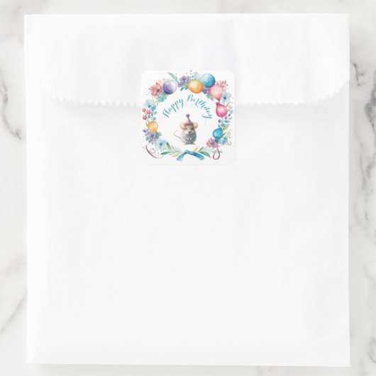 かわいいネズミがパーティー帽子のシールを貼る スクエアシール (バッグ)