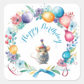 かわいいネズミがパーティー帽子のシールを貼る スクエアシール (正面)