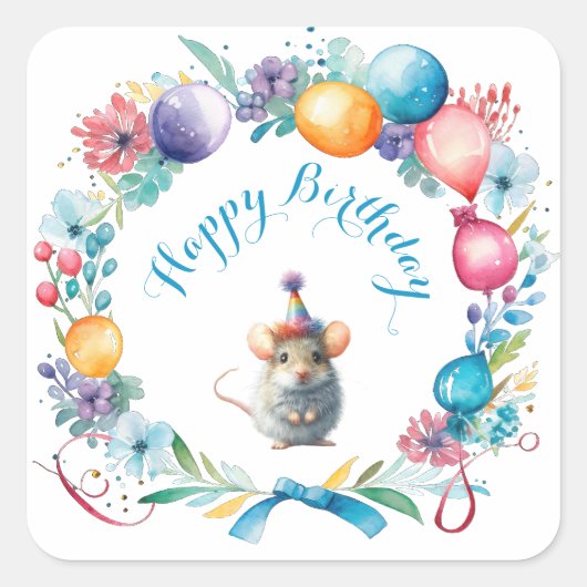 かわいいネズミがパーティー帽子のシールを貼る スクエアシール (正面)