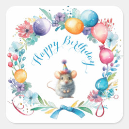 かわいいネズミがパーティー帽子のシールを貼る スクエアシール