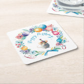 かわいいネズミがパーティー帽子 スクエアペーパーコースター (アングル)