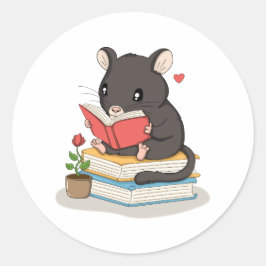 かわいいネズミが本を読む - 読書家ステッカー ラウンドシール
