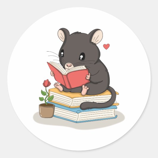 かわいいネズミが本を読む - 読書家ステッカー ラウンドシール (正面)