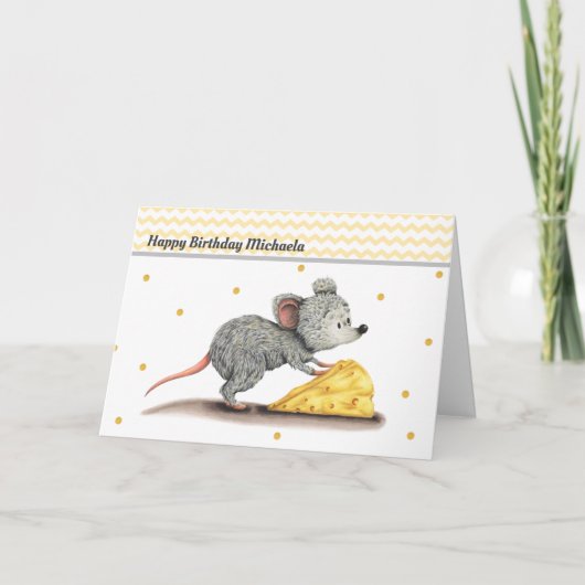 かわいいネズミとチーズパーソナライズされた誕生日 カード (正面)