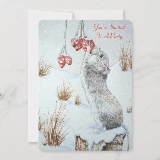 かわいいネズミと赤い果実の雪のシーンのクリスマス 招待状 (正面)