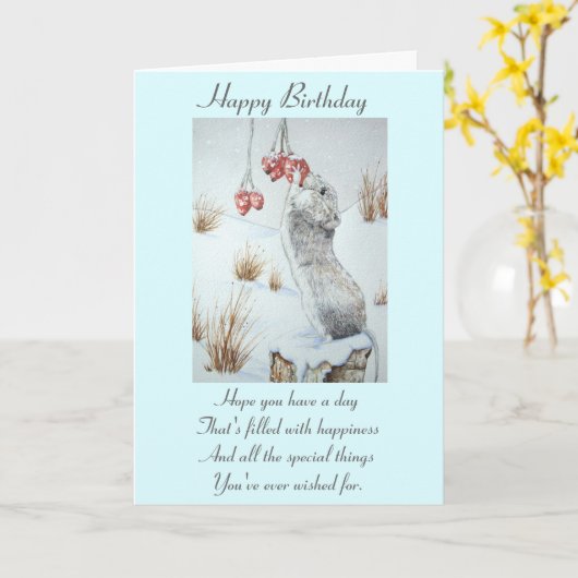 かわいいネズミと赤い果実の雪のシーン野生動物 カード (黄色い花)