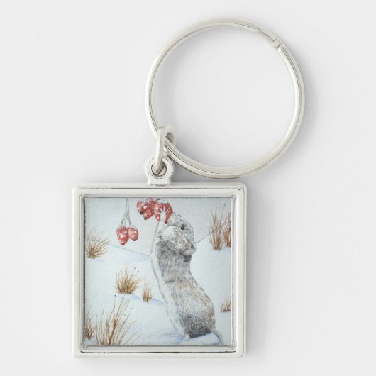 かわいいネズミと赤い果実の雪のシーン野生動物 キーホルダー (正面)