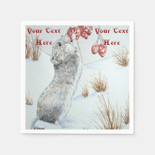 かわいいネズミと赤い果実の雪のシーン野生動物 スタンダードカクテルナプキン (正面)