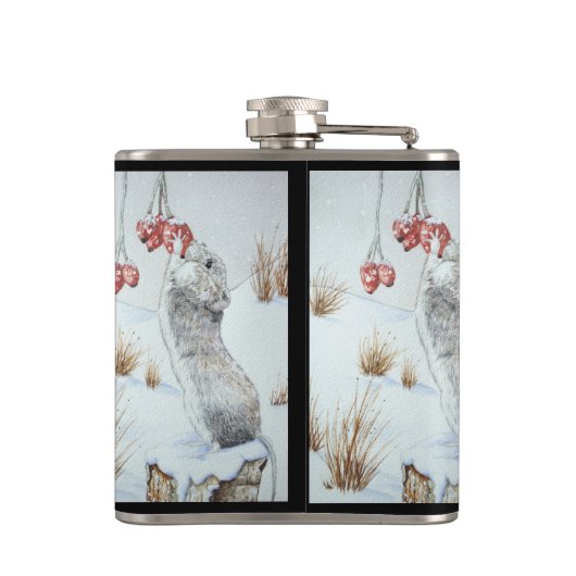 かわいいネズミと赤い果実の雪のシーン野生動物 フラスク (裏面)