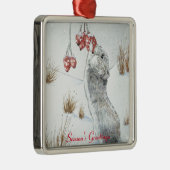 かわいいネズミと赤い果実の雪のシーン野生動物 メタルオーナメント (右)