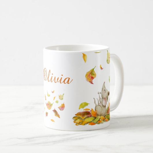 かわいいネズミと黄色いオレンジの葉落ちるの水 コーヒーマグカップ (正面右)