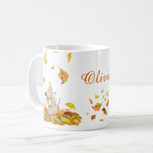 かわいいネズミと黄色いオレンジの葉落ちるの水 コーヒーマグカップ (正面左)
