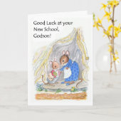 かわいいネズミのおみやげ、新しい学校のゴッドソン カード (黄色い花)