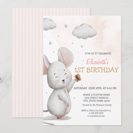 かわいいネズミのボーダー 誕生日 招待状 (正面/裏面)