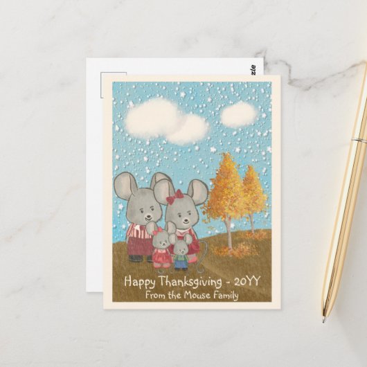 かわいいネズミの家族と公園で幸せな感謝祭 ポストカード (正面/裏面インサイチュ)