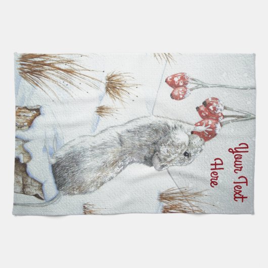 かわいいネズミの赤い果実の雪のシーン野生動物 キッチンタオル (横)