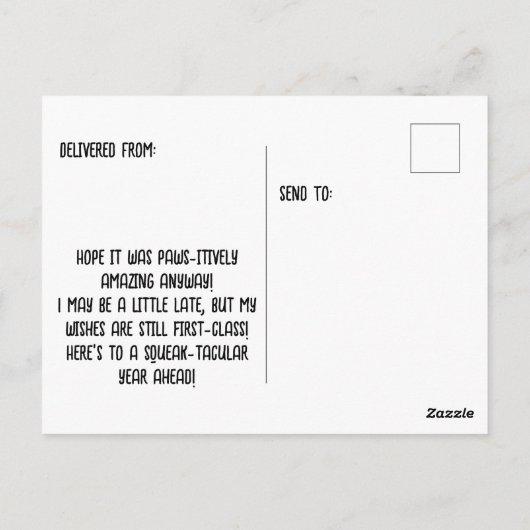 かわいいネズミの遅れた誕生日メッセージ ポストカード (裏面)