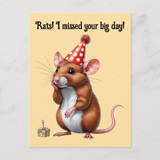 かわいいネズミの遅れた誕生日メッセージ ポストカード (正面)