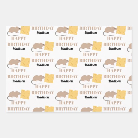かわいいネズミの食べ齧歯動物のチーズ誕生日 ラッピングペーパーシート (正面3)