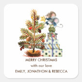 かわいいネズミクリスマスツリー名メリークリスマス スクエアシール (正面)