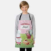 かわいいネズミシェフピンク緑の水色フローラ子供 エプロン (着用した状態)