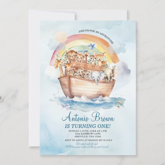 かわいいノアのアークブルーウォーターカラーファースト誕生日 招待状 (正面)