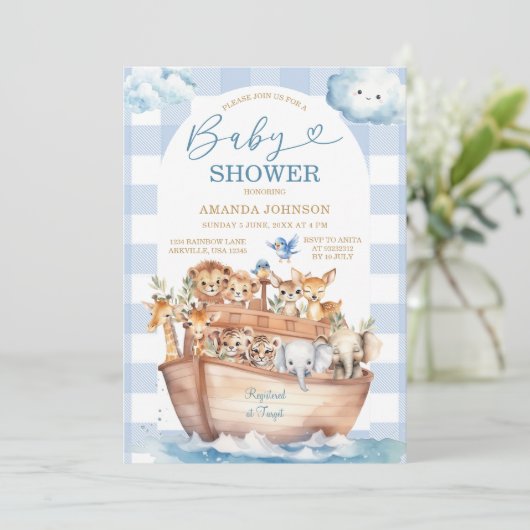 かわいいノアのアークブルーギンガムボホベイビーシャワー 招待状 (スタンド正面)