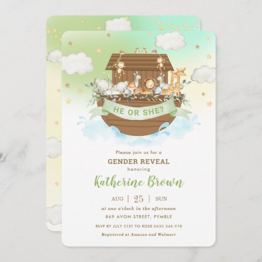 かわいいノアの箱舟の動物ジェンダーが赤ちゃんのシャワーを明かす 招待状 (正面/裏面)