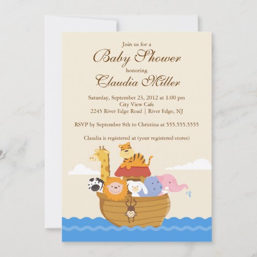かわいいノアの箱舟の女の子か男の赤ちゃんシャワー 招待状 (正面)