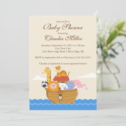 かわいいノアの箱舟の女の子か男の赤ちゃんシャワー 招待状 (スタンド正面)