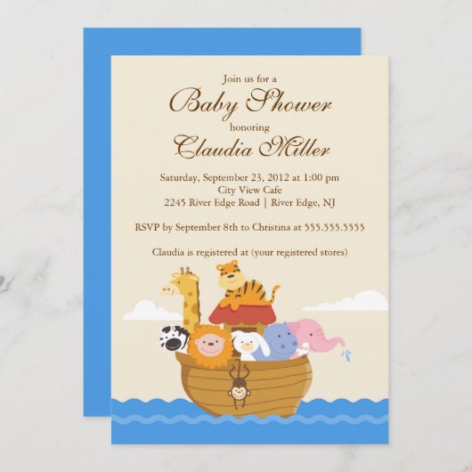 かわいいノアの箱舟の女の子か男の赤ちゃんシャワー 招待状 (正面/裏面)