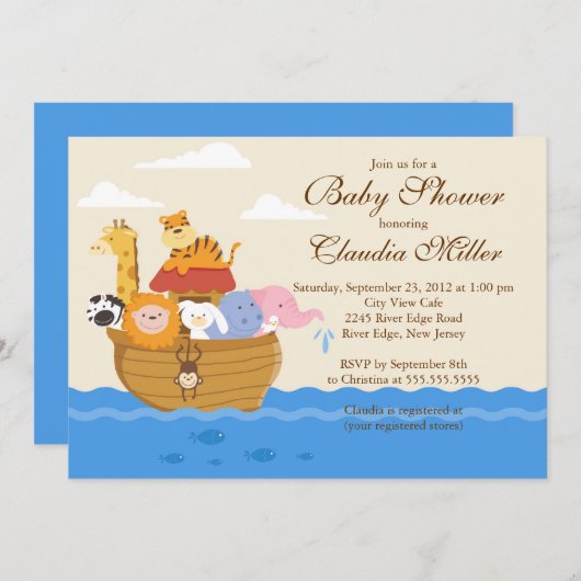 かわいいノアの箱舟の女の子か男の赤ちゃんシャワー 招待状 (正面/裏面)