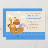 かわいいノアの箱舟1歳の誕生日 招待状 (正面/裏面)