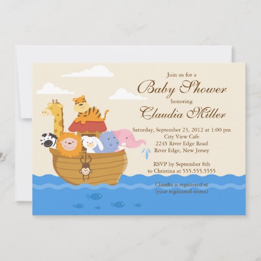 かわいいノアの箱舟 赤ちゃん女の子または赤ちゃん男の子 シャワー 招待状 (正面)