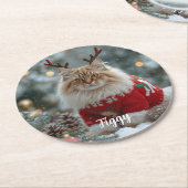 かわいいノルウェーの森の猫のクリスマス　パーソナライズされた ラウンドペーパーコースター (アングル)